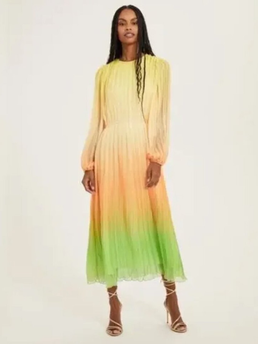 Nwt Something Navy Pleated Ombre Midi Dress Xs Long Sleeve Tie Waist $295